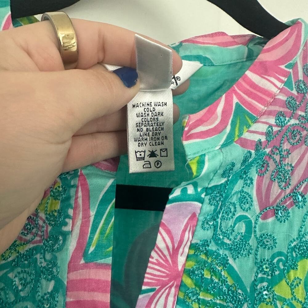 Vintage Lilly Pulitzer (M) Teal Kaftan Maxi Dress / Resortcore Coverup Preppy - Picture 9 of 10